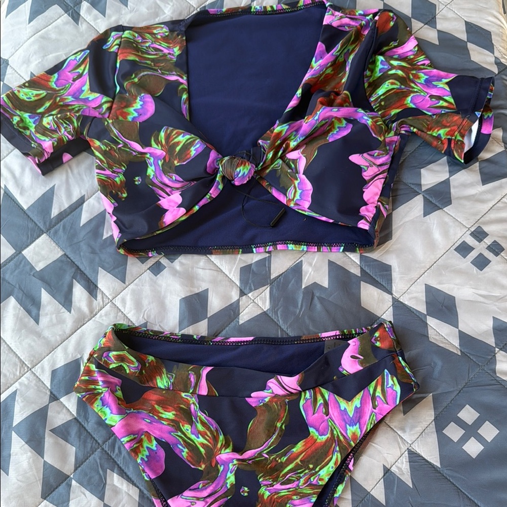 Fashion Nova Navy Bikini Set with Pink, Green & Brown Marble Print